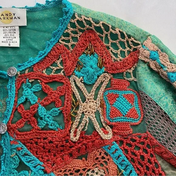 Rare Vintage Sandy Starkman Aqua Patchwork/ Embroidered Boho Cardigan Size Small - Picture 10 of 15